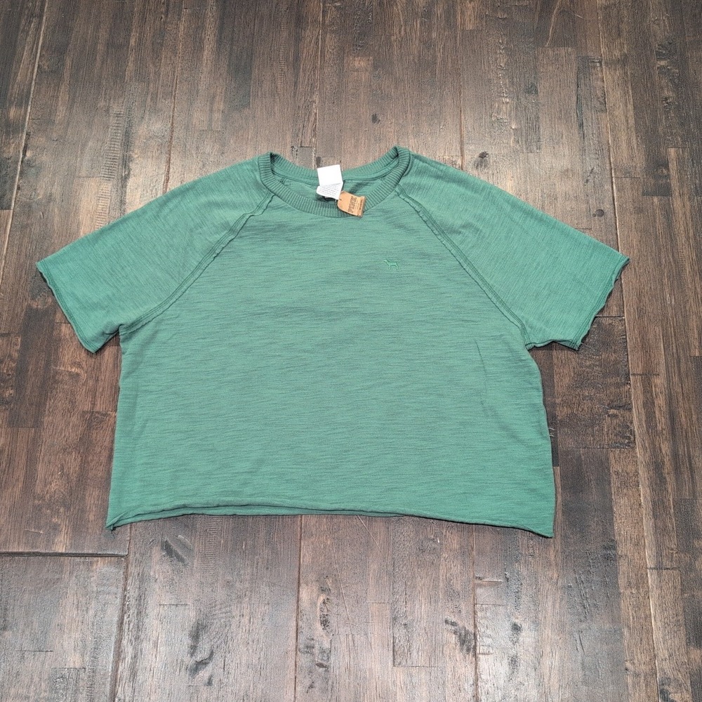 New PINK Victoria's Secret Green Cropped Raglan Tee‎ Shirt Women's Size Medium